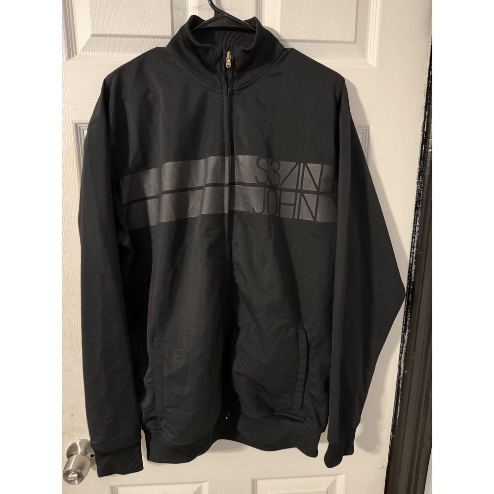 Sean John Mens Black Full Zip Track Jacket Mock Neck Logo Graphic Size L